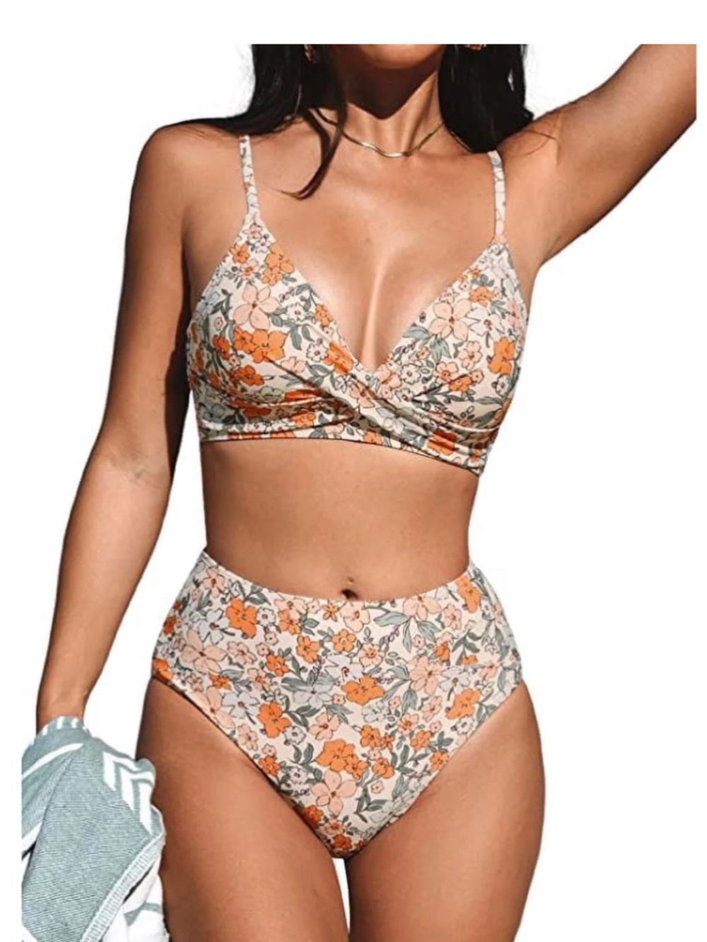 Cupshe Floral Print Twist Bralette & Spliced High Waist Bikini Set